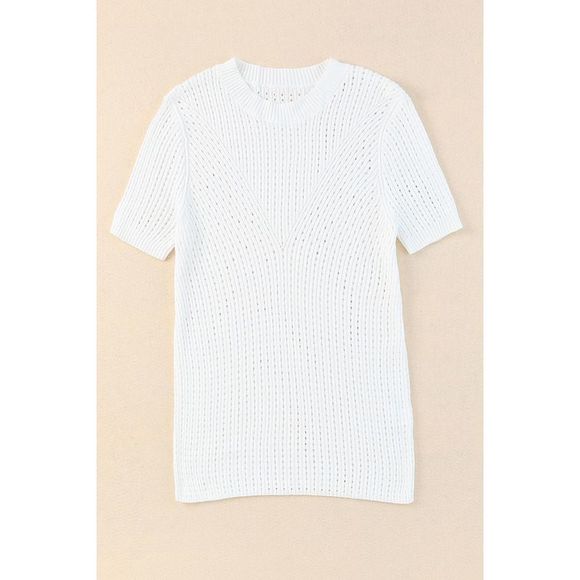 Azura Exchange  White Hollow-out Knitted Short Sleeve T Shirt - Picture 5 of 14